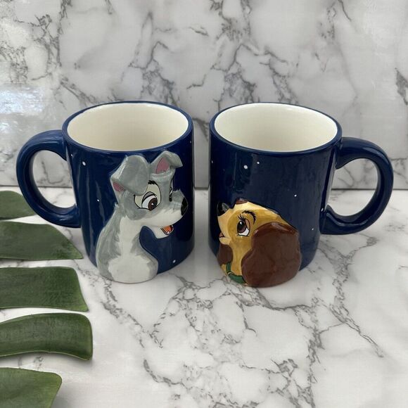 Disney Lady and the Tramp Large Coffee Mug Set Blue 3d Dogs His Hers Cups - Picture 1 of 8